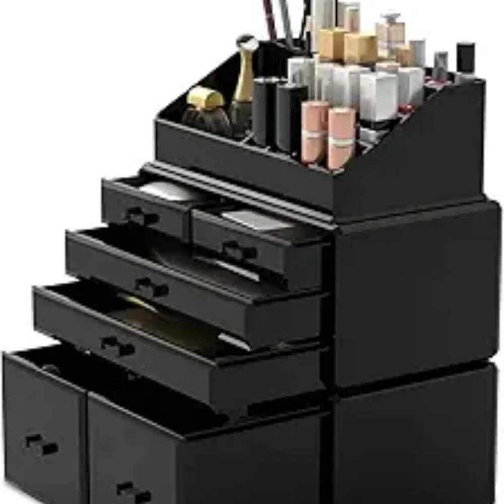 Black makeup organizer 3 piece set with drawers cosmetic storage case box